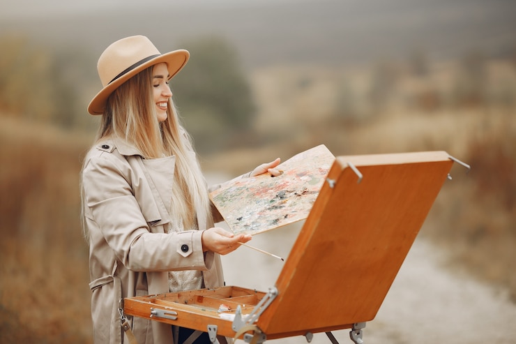 a young woman standing near a sketchbook in a field, holding a painting in her hands