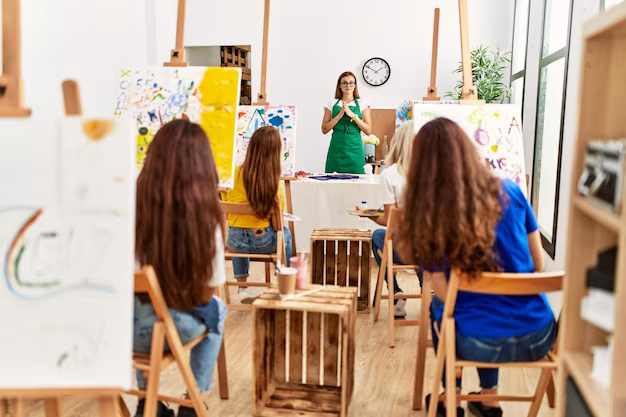 Teacher conducts a drawing lesson for children