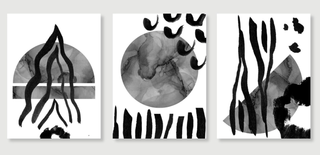 A triptych of abstract black ink designs on white paper