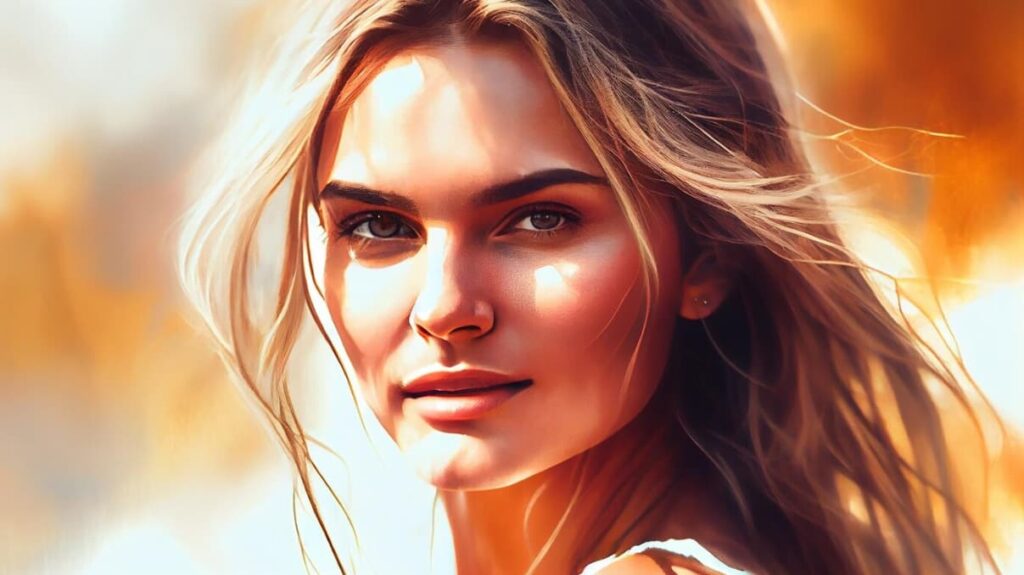 A digital painting of a woman with blonde hair in golden sunlight